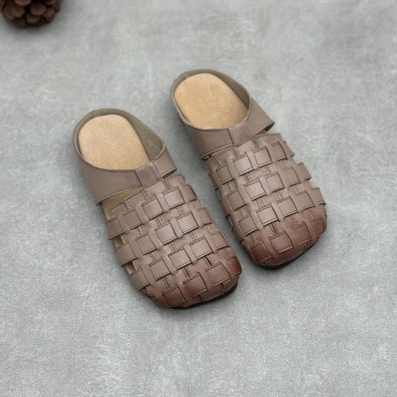 Johnature Genuine Leather Woven Slippers Handmade Comfortable Breathable Soft Soled Women's Slip-on Shoes