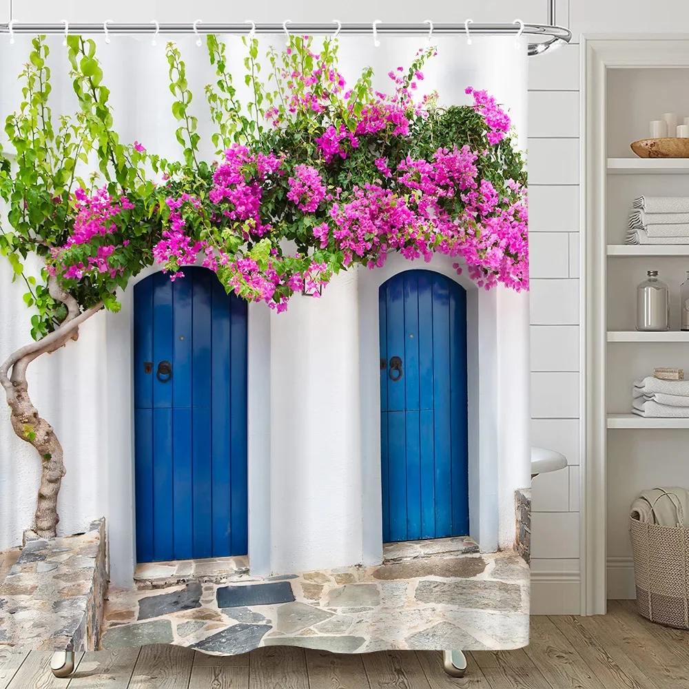 Greek Town Street View Shower Curtain Blue Wooden Doors Windows Flower Plant Wall Decor Bathroom Hanging Curtains Set With Hooks