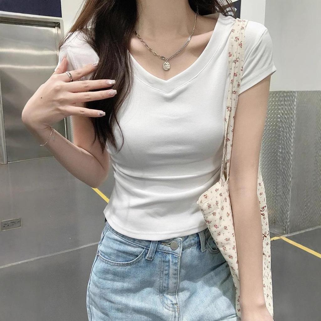 Summer 2025 Women's White V-Neck Pleated Short Sleeve T-Shirt - American Style