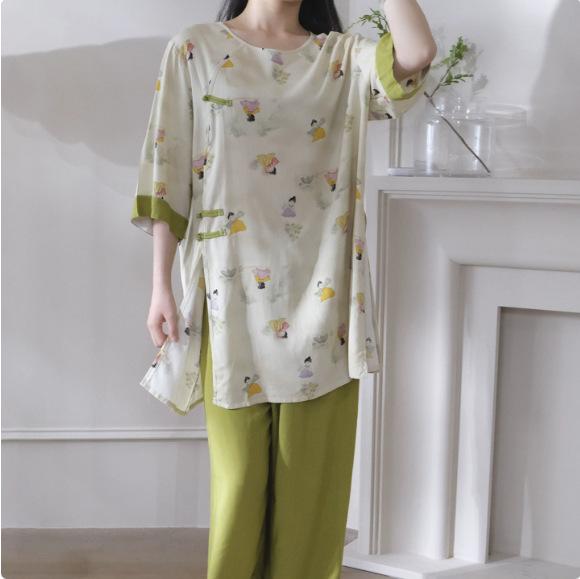 Hanfu pajamas women's spring summer new Chinese-style cotton and silk suit cotton silk medium-sleeved loose loungewear can be worn thin