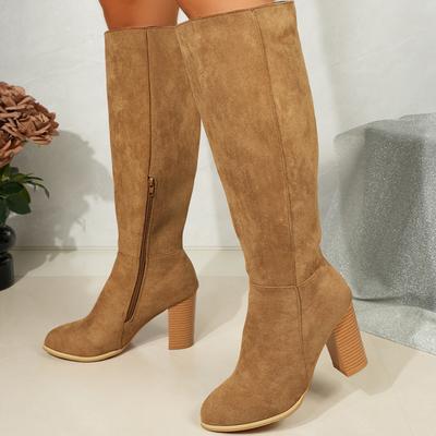 Botas Retro de Tacón Alto para Mujer Botas Cowboy Occidentales Gruesas Invierno Mujer Mantener Caliente Felpa Cuero Hasta la Rodilla Largas de Ante Mujer