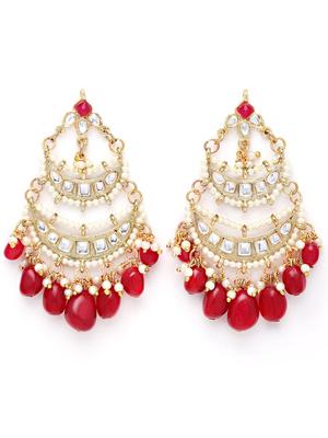 Gold Plated Red Tumble Kundan Chandbali Earrings for Women
