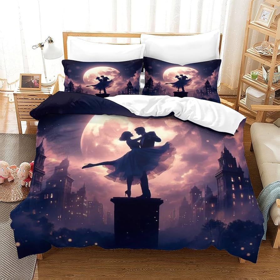 Couple Duvet Set King Queen Full-size 3D Moon Dance Elegant Polyester Duvet Set for Boys, Girls, Teenagers Bedding Set