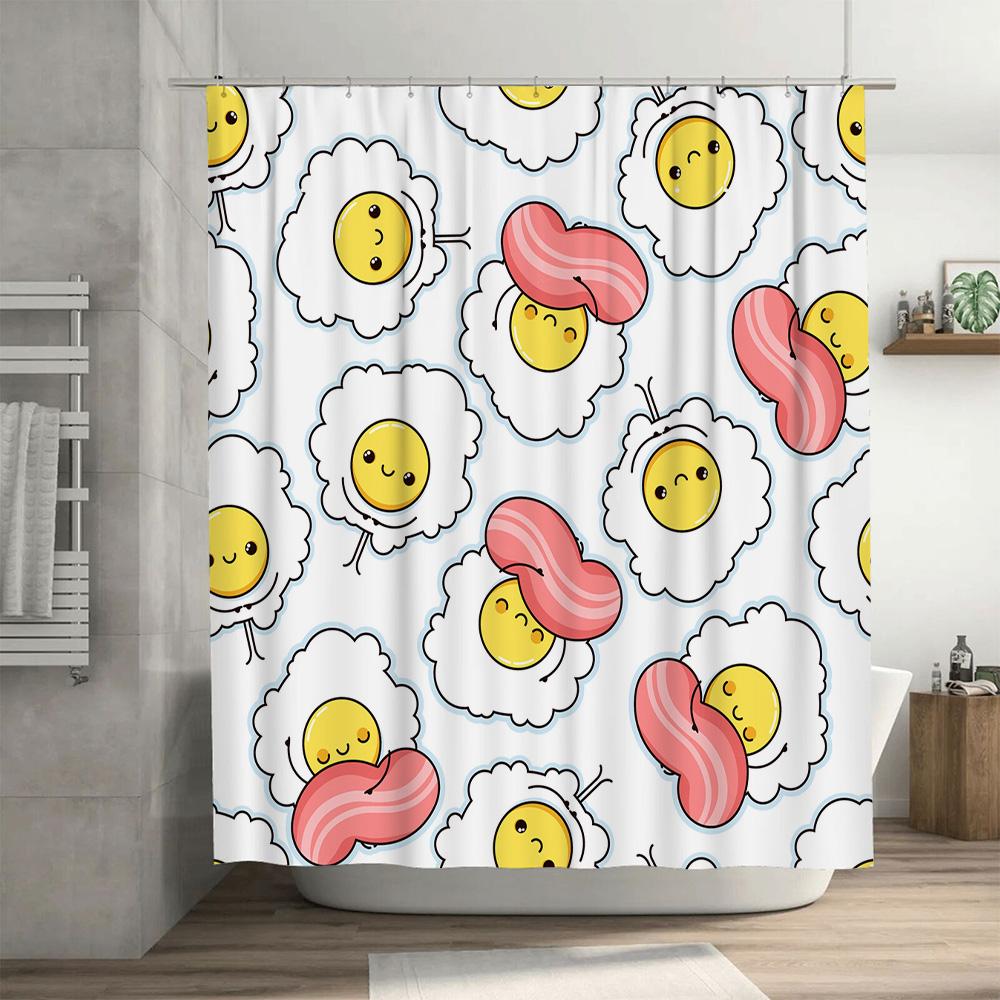 Adorable Kawaii Cartoon Bacon And Egg Shower Curtain For Bathroom Decor White With Pink And Yellow Accents (Size: 72X84 Inches)