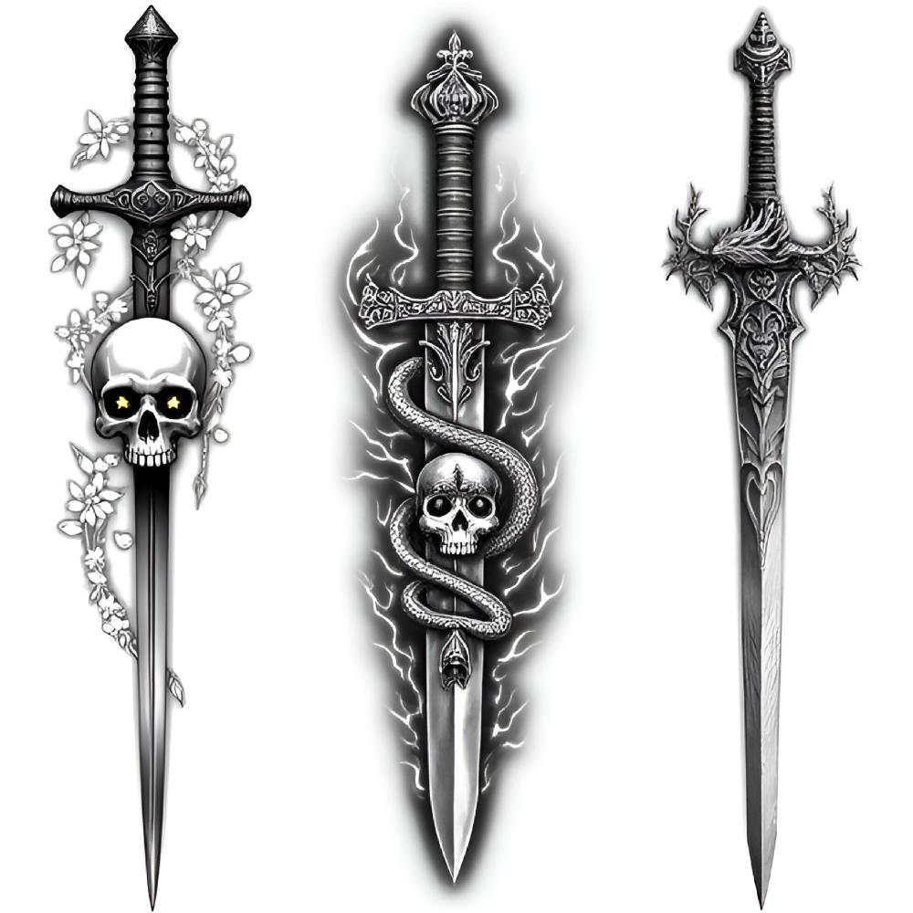3pcs Temporary Tattoo Sword With Glowing Heart Realistic Temporary Tattoos Sword With Bear And Flowers For Thighs Adults Arms