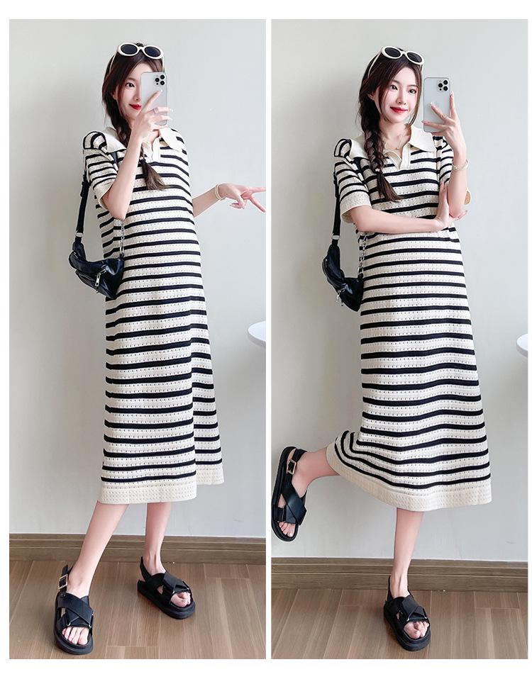 2026 Summer Striped Knit V-Neck Mid-Length Maternity Dress