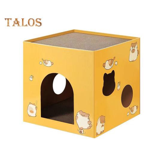 

Картонный домик для кошек с когтеточкой, квадратная гофрированная коробка для кошек, прочный домик для игр и сна для домашних кошек весом до 12 фунтов L разноцветный