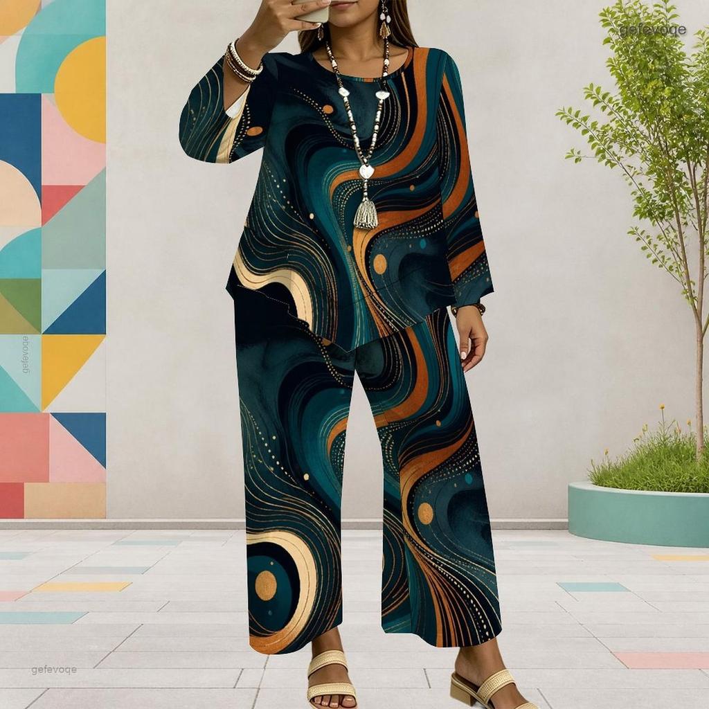 Women Plus Size Round Neck Long Sleeve Colorful Printed Top Wide Leg Pants Two Piece Set