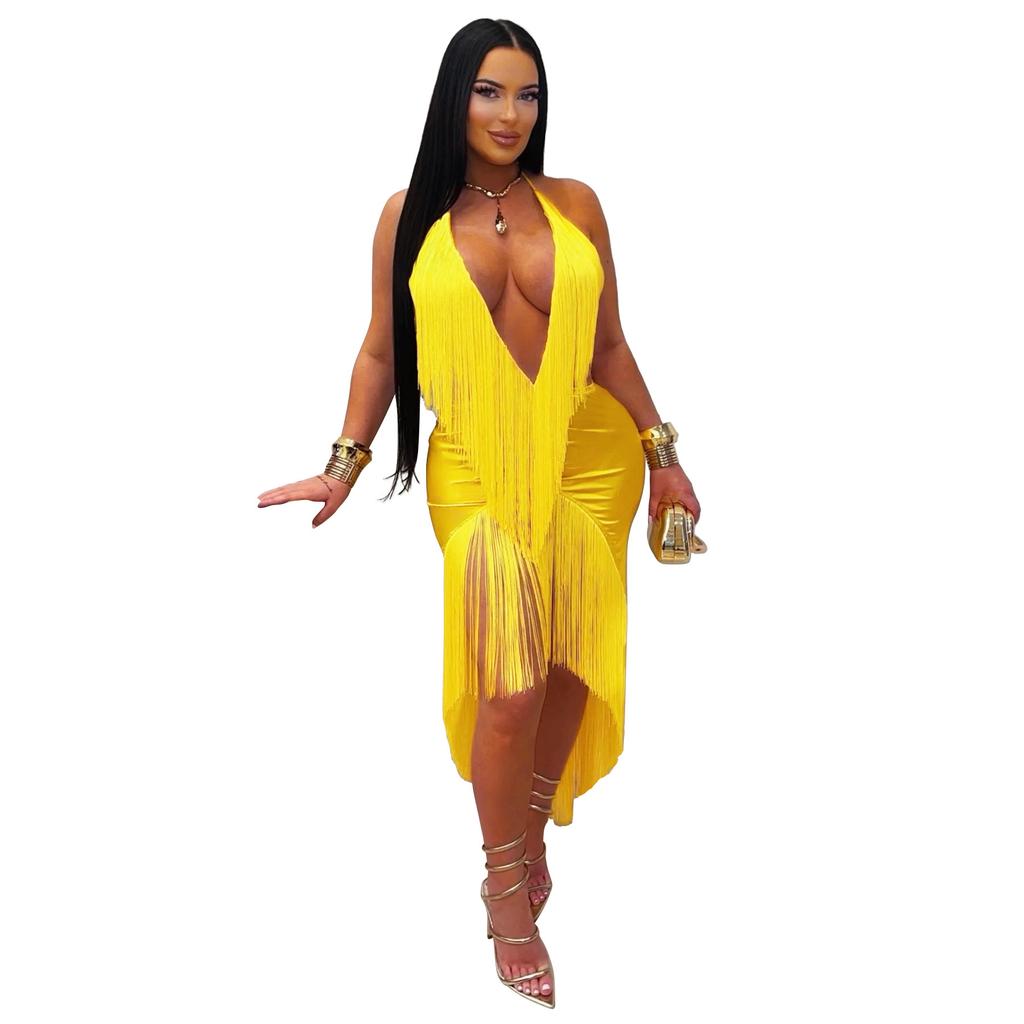 Fringe Dress Halter Backless Asymmetrical Party Gown Tassel Midi Dress