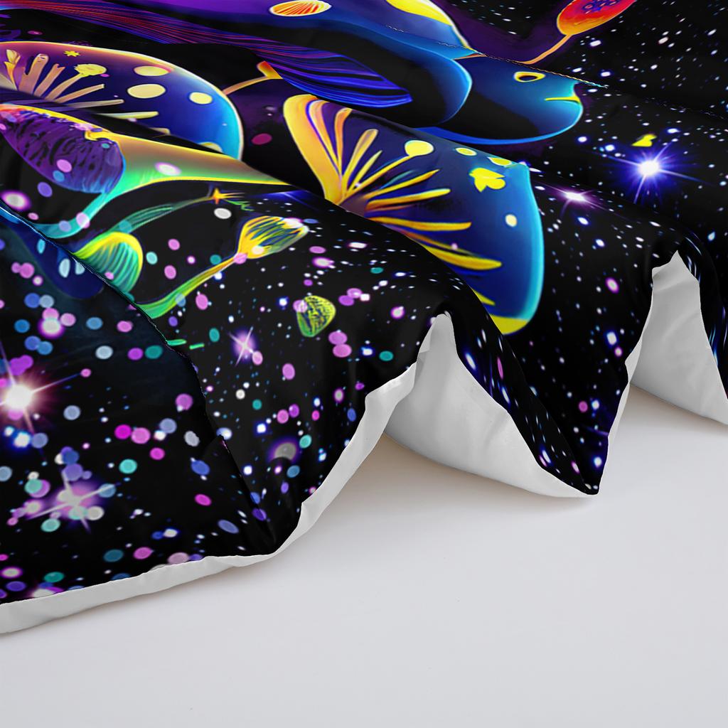 3PC Mushroom & Butterfly Psychedelic Comforter Set Glow-in-the-Dark Duvet with 2 Pillowcases for Bedroom Forest Theme