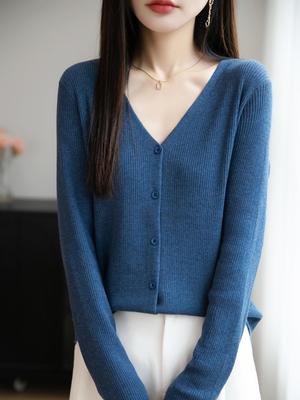 Cardigan Tricoté à Manches Longues et Col en V pour Femme - Pull en Laine Uni Polyvalent pour le Printemps et l'Automne