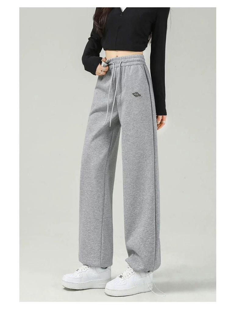 Women's High-Waisted Grey Slim Straight Wide-Leg Cuffed Sweatpants for Spring/Autumn