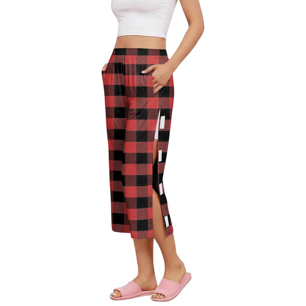 Pantaloni Capri da Donna per il Recupero Post-Chirurgico con Apertura Laterale, Vita Elastica, Leggeri, Comodi, Vestibilità Larga, Fantasia a Quadri