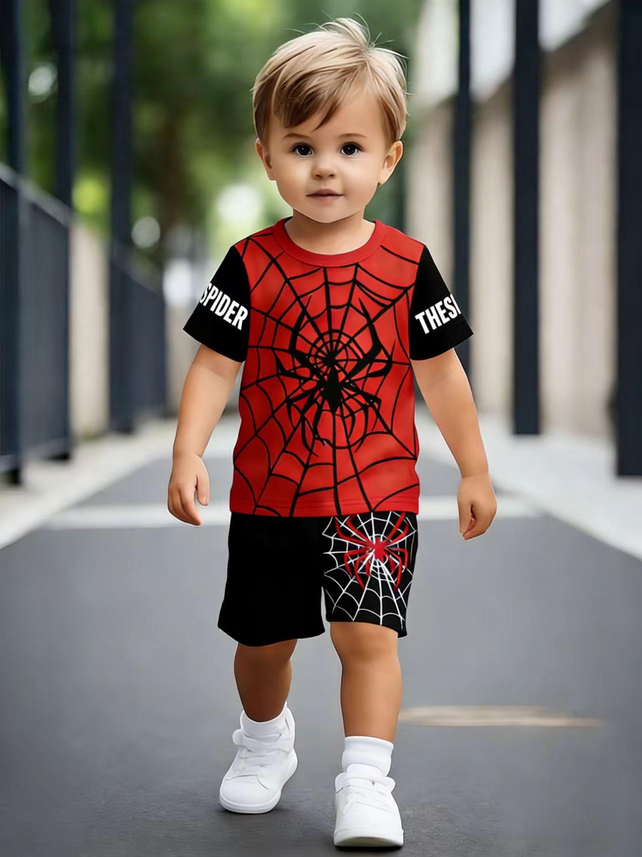 

Toddler Boys Cool Spider Web Print 2-Piece Outfit, Summer Red & Black Clothes for Kids, Perfect for Playwear & Outdoor 1-2Y красный