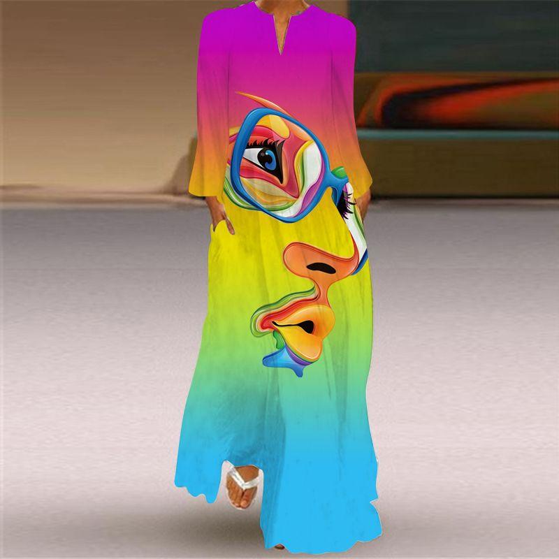 Long Sleeve Dress Classical Beauty Pattern Print Dress Stage Show Performance Wear Travel Photography Clothes