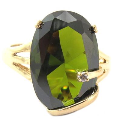 Gold Plated Ring 'Sissi' Golden Olivine Green - 19x12 Mm