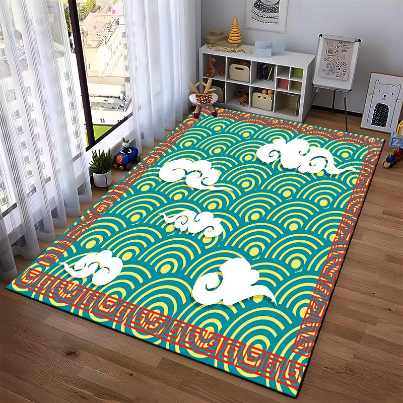 Cloud Pattern with Geometric Waves Non-slip rug suitable for living room and bedroom sofas