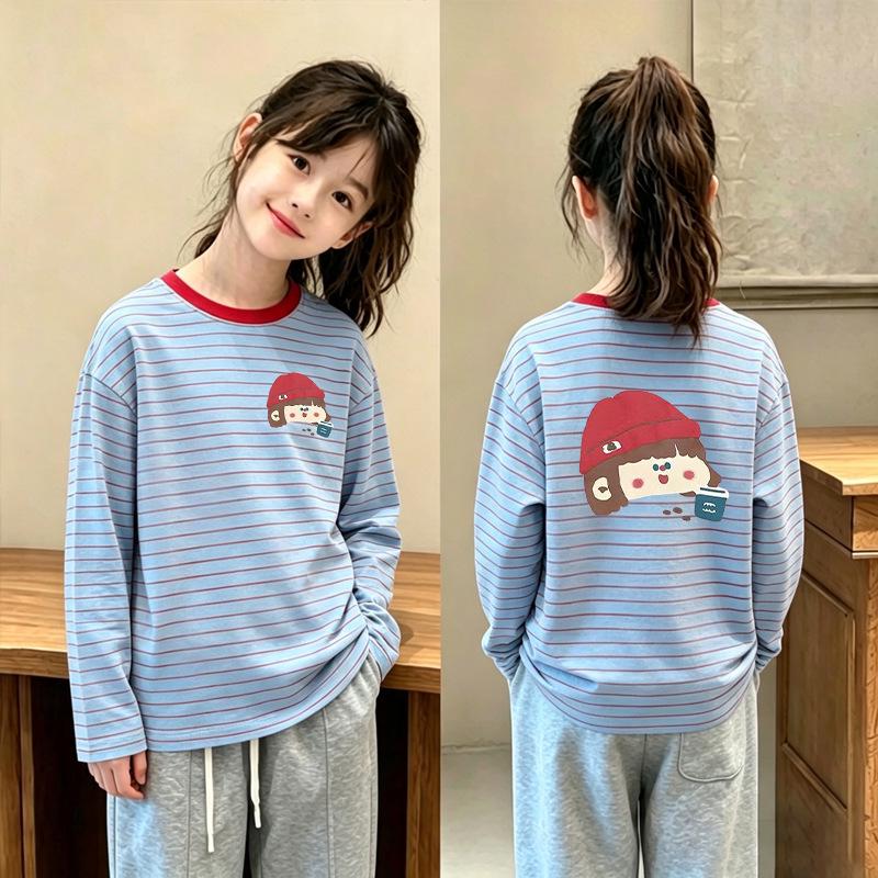 Stylish Girls' Striped Long-Sleeve T-Shirt for Ages 6-15 - Spring/Autumn Casual Base Layer Top