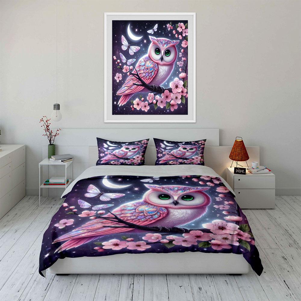 Pink owl with cherry blossoms Bedding Set for Kids Luxury Gift 3pcs Digital Print Comforter Set Soft Comfortable Breathable