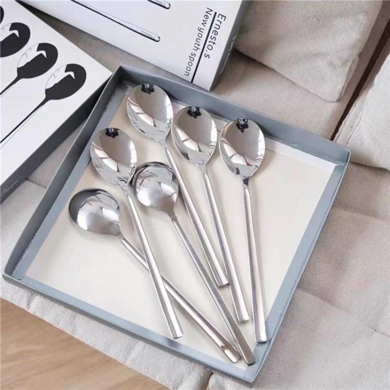 6Pcs Stainless Steel Coffee Spoon Ice Cream Dessert Tea Spoon Long Handle For Picnic Kitchen Supply Tableware Christmas Gift