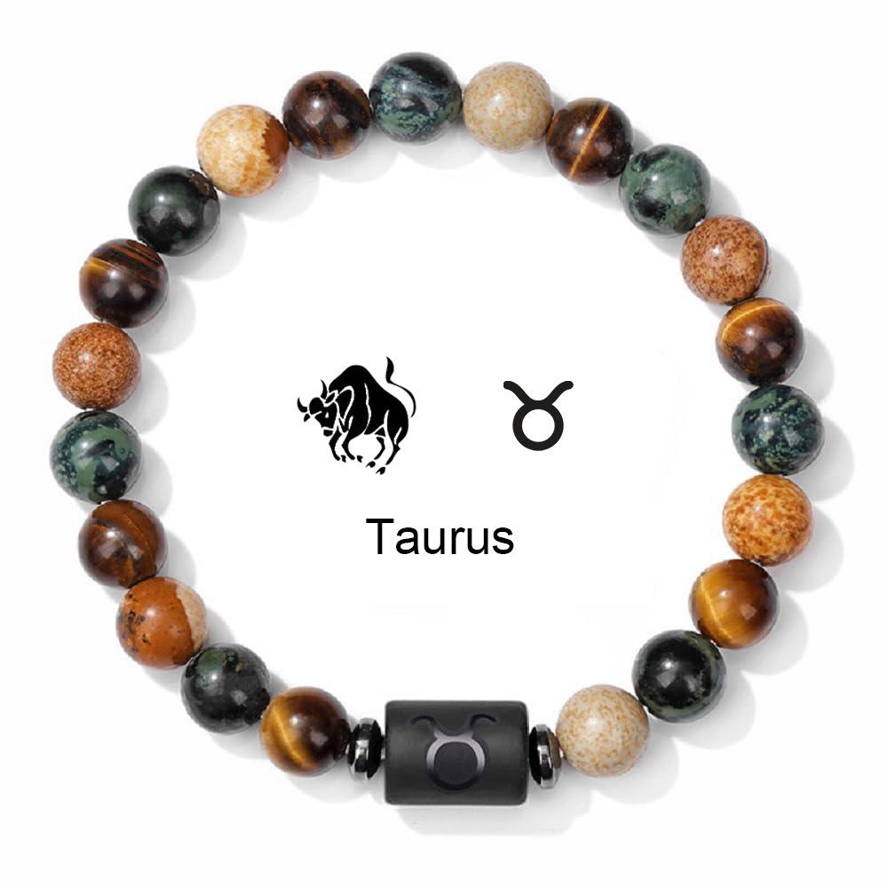 Natural Stone Tiger Eye Picture Jasper Round Beads 12 Constellation Bracelet for Men and Women Zodiac Signs Bracelet Aries