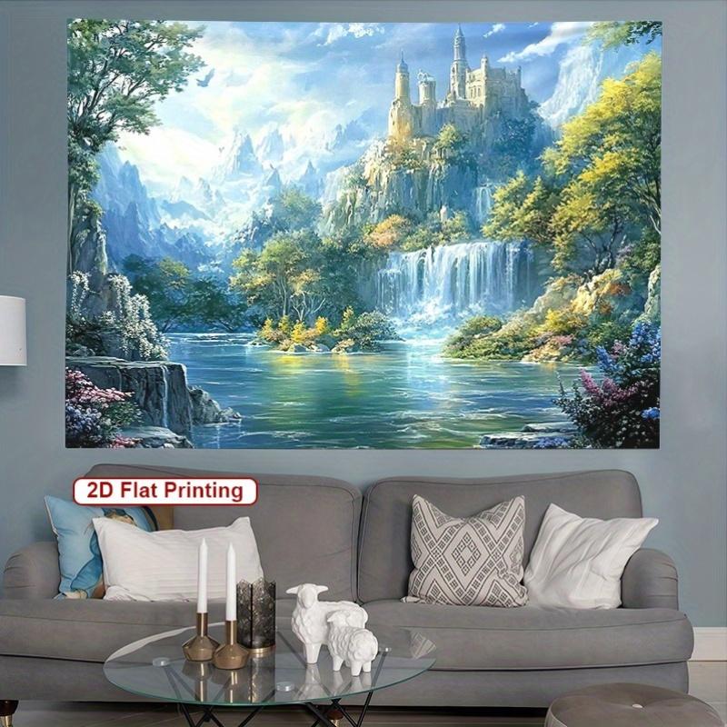 Fantasy Castle Landscape Tapestry  Enchanting Nature Scene Mythical Art Wall Hanging for Bedroom or Dorm Decor