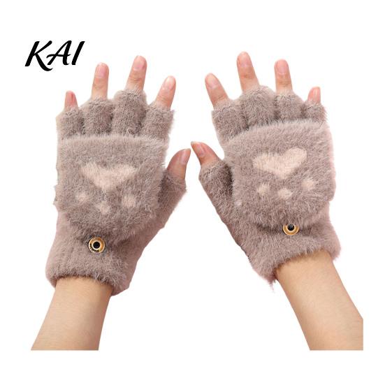 Practical Gift for Winter Furry Cat Paw Thermal Gloves, Flip Top Mitten with Button Women, Half Finger Writing Gloves Students Plush Cute Bear
