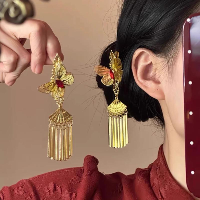 Vintage Gold Tassel Hair Clip Elegant Ethnic Style Hairpin Side Clip Headdress Chinese Style Hair Accessories