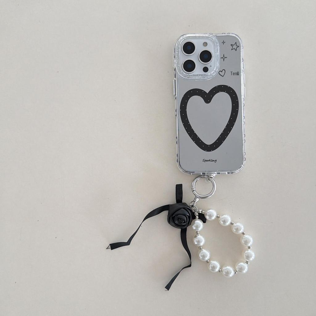 Korean-Style Black Heart Mirror Phone Case for iPhone 15/16/17/17 Pro Max (Female)