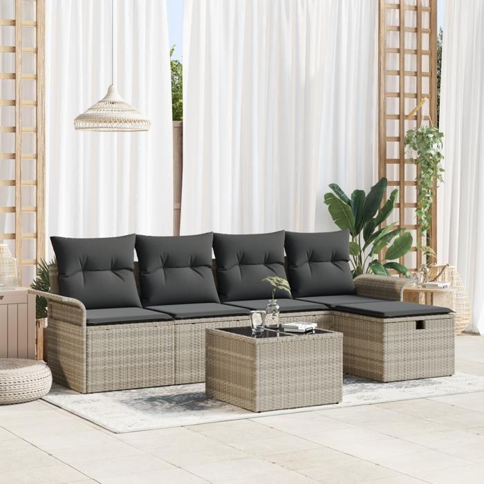 VidaXL Ensemble de canapé de jardin 6 pièces avec coussins gris clair en poly rattan. Résistant aux intempéries et super 3360203