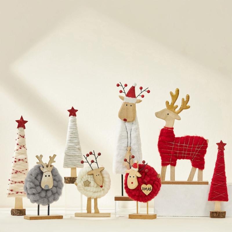 Soft Felt Cloth Santa Clause Reindeer Ornament with Wood Base Plush Wool Felt Christmas Figure Decoration For Tabletop