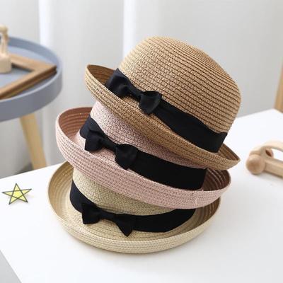 Chapéu de palha com borda enrolada e laço redondo, chapéu feminino para viagem na praia, proteção solar, chapéu alto infantil, primavera e verão, chapéu legal