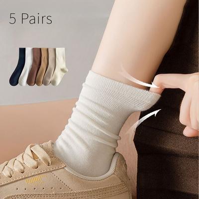 5 Paires de Chaussettes pour Femmes Mi-mollet Chaussettes Empilées Couleur Unie Fond Plat Chaussettes Décontractées Noir et Blanc Chaussettes Printemps et Automne