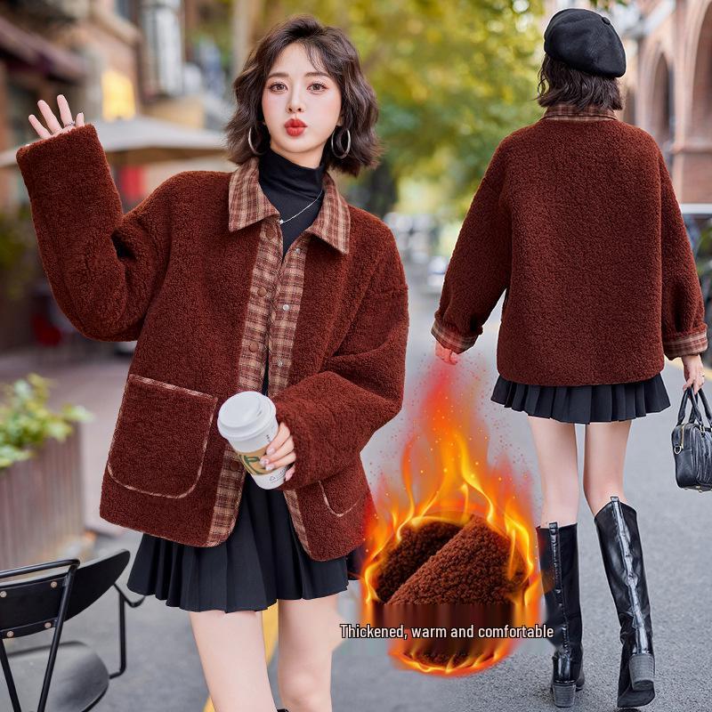 

Женское пальто в клетку из овечьей шерсти в корейском стиле - Зимнее повседневное, Свободного кроя, С длинным рукавом XL (130-145 jin) кофейный/красный