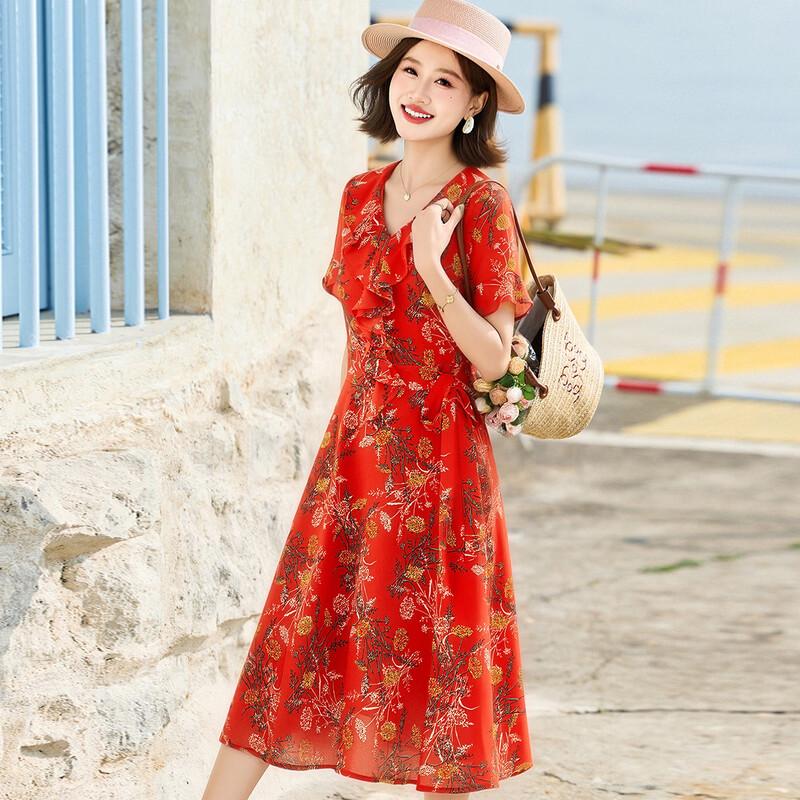SIFONE Petite V-Neck Printed Chiffon A-Line Dress M
