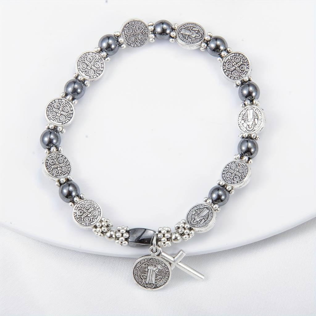 1Handmade Catholic Rosary Bracelet with Benedict Cross Medal Pendant and Cross Ornament Adjustable Rosary Beads Suitable for Baptism, Confirmation,
