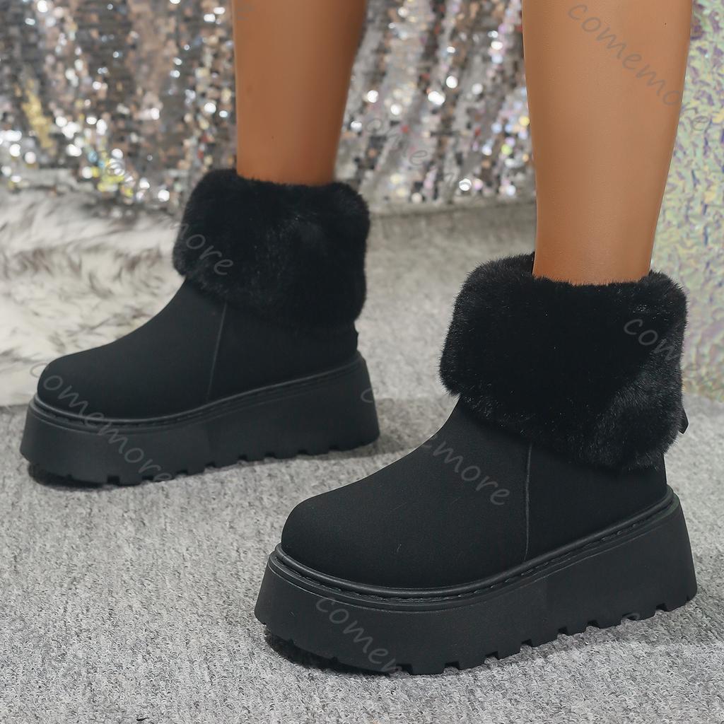 Fashion Comemore Winter Cotton Boots Women's Fashion Round Toe Suede Platform Back Zip Ankle Boots for Women Casual Fur Short Botines