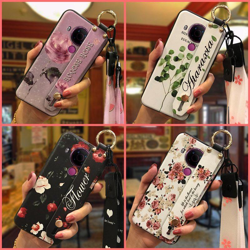 Back Cover Anti-dust Phone Case For Nokia 5.4 Wrist Strap Anti-knock Kickstand Shockproof Wristband Flower Phone Holder