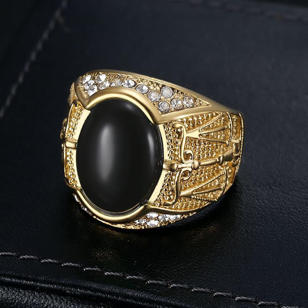 Vintage Classic Gold Color Stainless Steel Rings for Men Women Fashion Green/Black Stone Ring Biker Solid Finger Jewelry Gift
