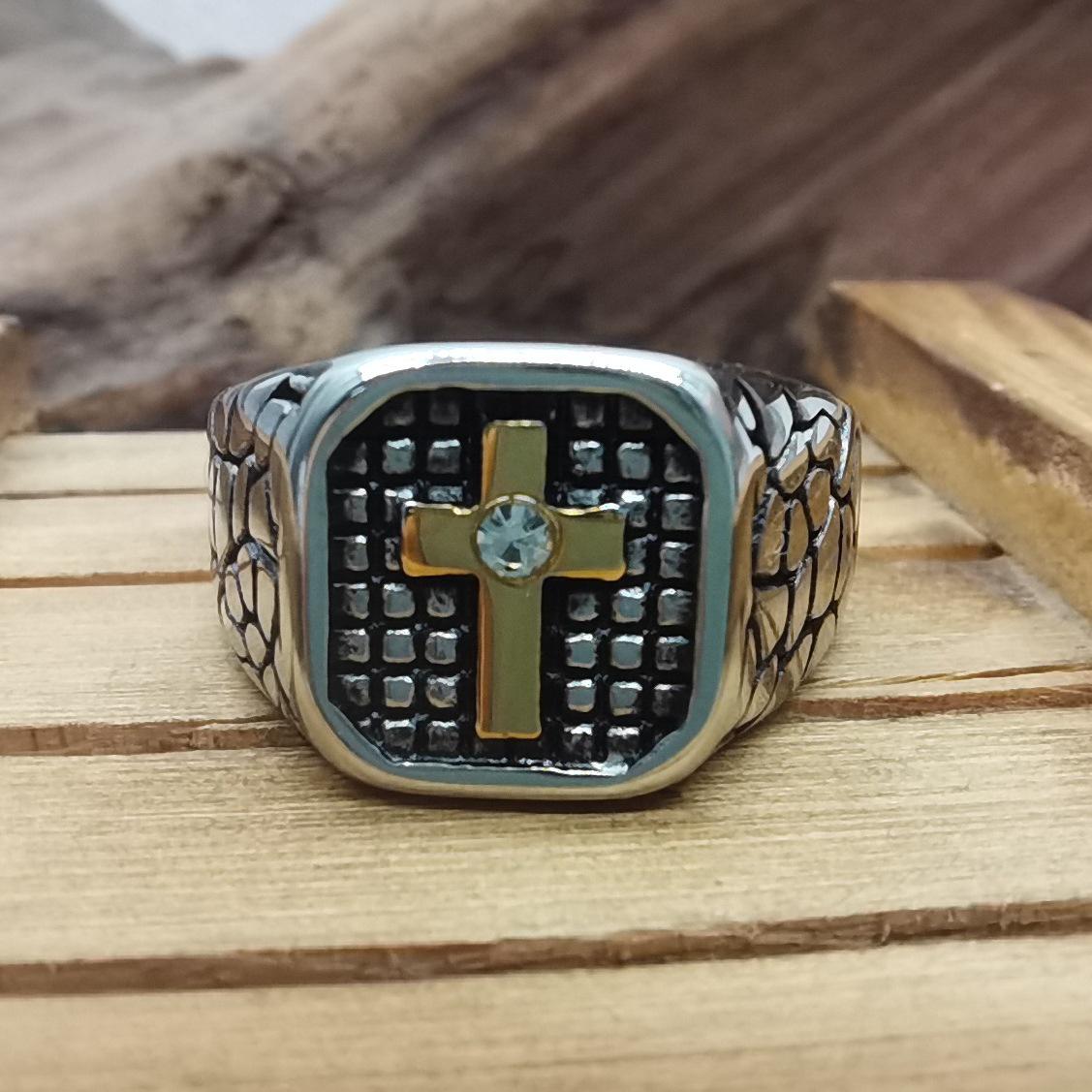 European & American Fashion Rhinestone Titanium Steel Men s Cross Ring Size 11