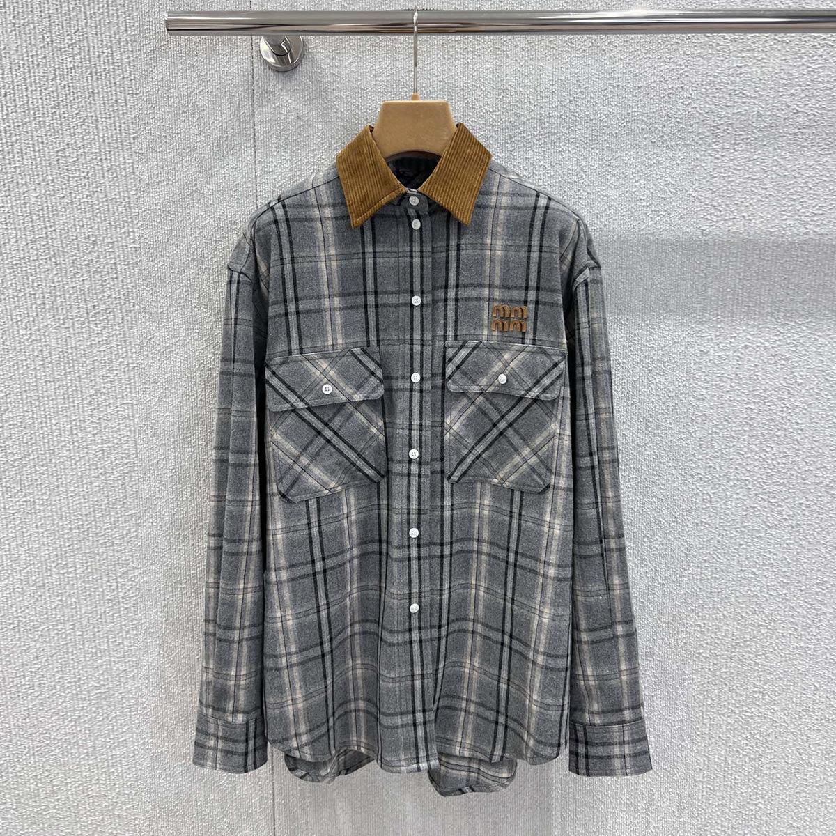 Miu Style Retro Grey Plaid Mid-Length Shirt with Color Block Collar - Autumn/Winter Collection L серый