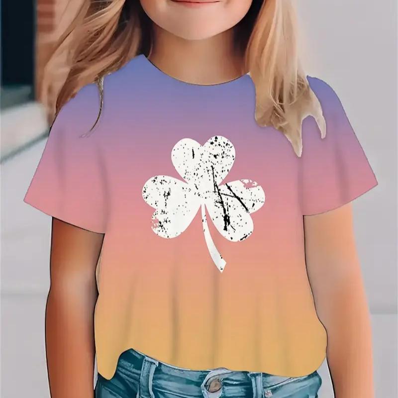 Kids T-shirt 3d Print New Minimalist 3D Printed Small Fresh Clover Pattern Girls' Round Neck Short Sleeved T-shirt