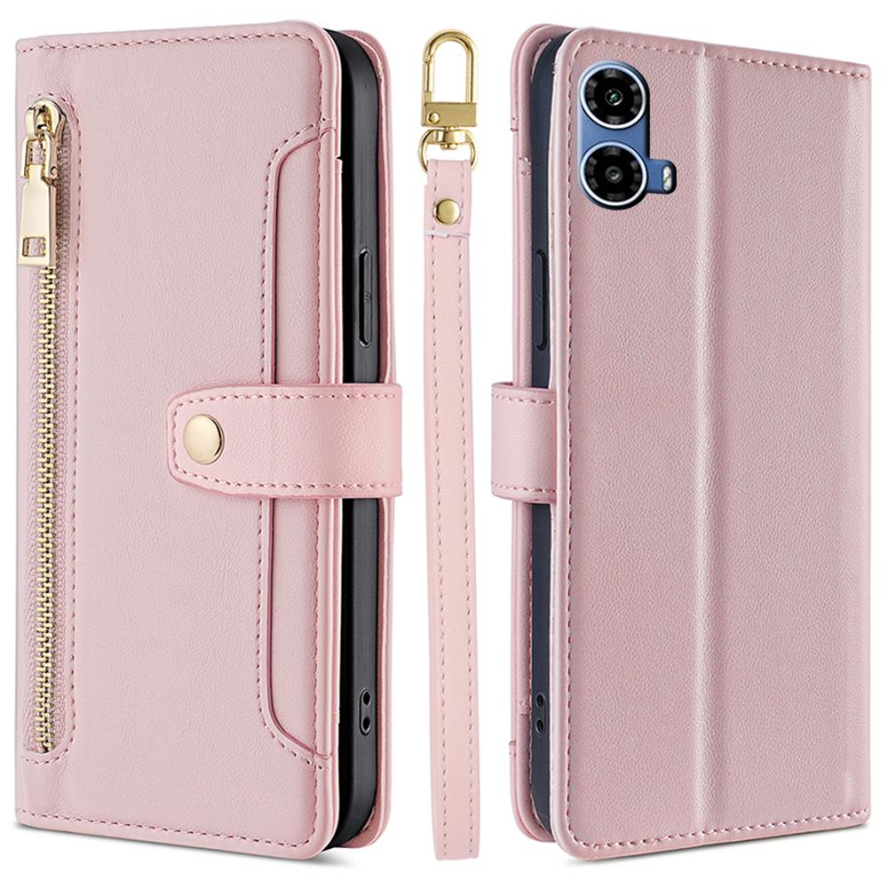 For Motorola Moto G45 5G/G34 5G Leather Case with Shoulder Strap Zipper Wallet Phone Cover