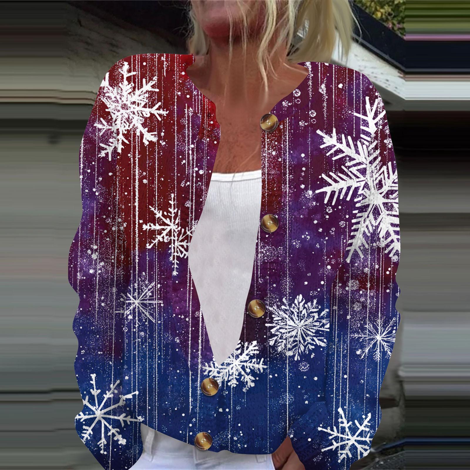 

Женская мода рождественский принт длинный рукав вязаный кардиган пуховик XXXL фиолетовый