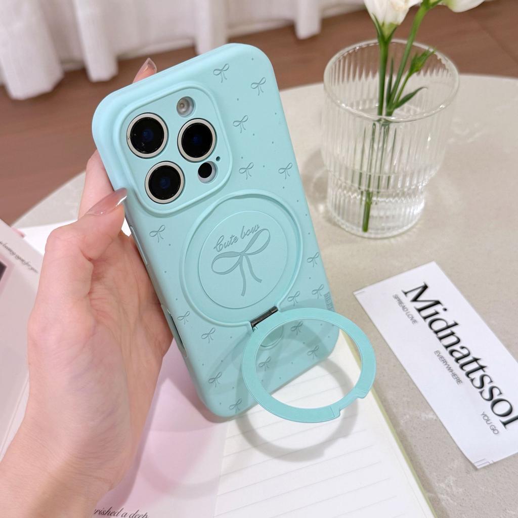 MagSafe Bowknot Silicone Phone Case with Ring Holder, Cute Macaron Color Kickstand Cover for iPhone