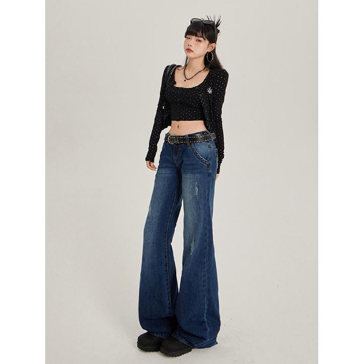 Autumn American Retro Washed Micro Flared Jeans For Women With Low Waist And Spicy Girls, Loose And Slimming Floor Pants