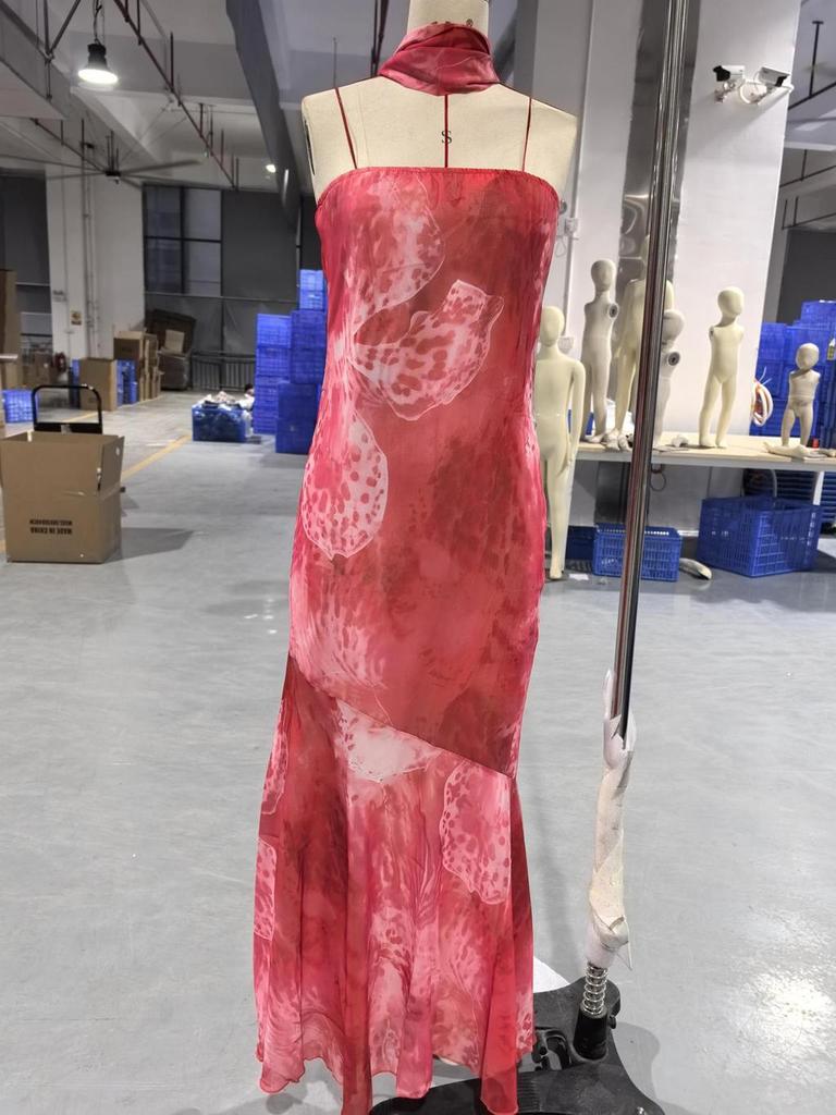Maxi Abito in Chiffon Floreale Francese con Zip per Vacanze Estive al Mare