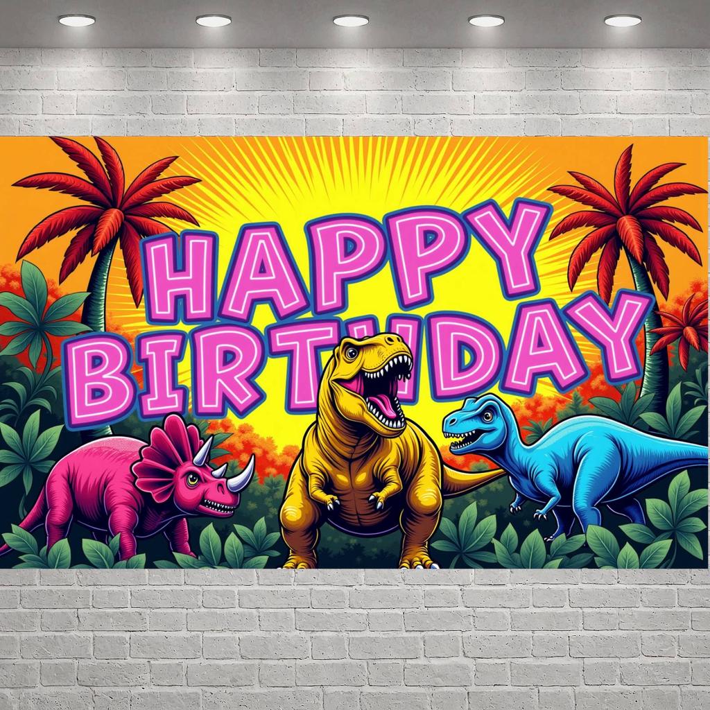 Birthday Party Banner Dinosaur Theme Jurassic Birthday Backdrop Kids Party Banner Vibrant Art For Birthday Photo Booth