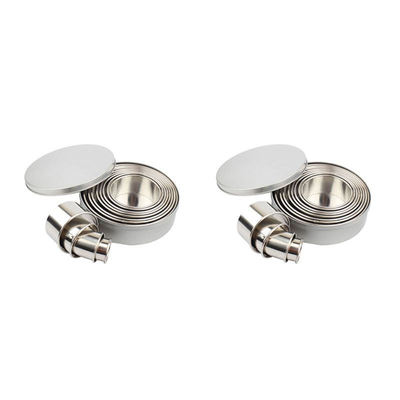 2X Cookie Biscuit Cutter Set, Round Stainless Steel Pastry Rings 24 Pieces With Round Box-B61B
