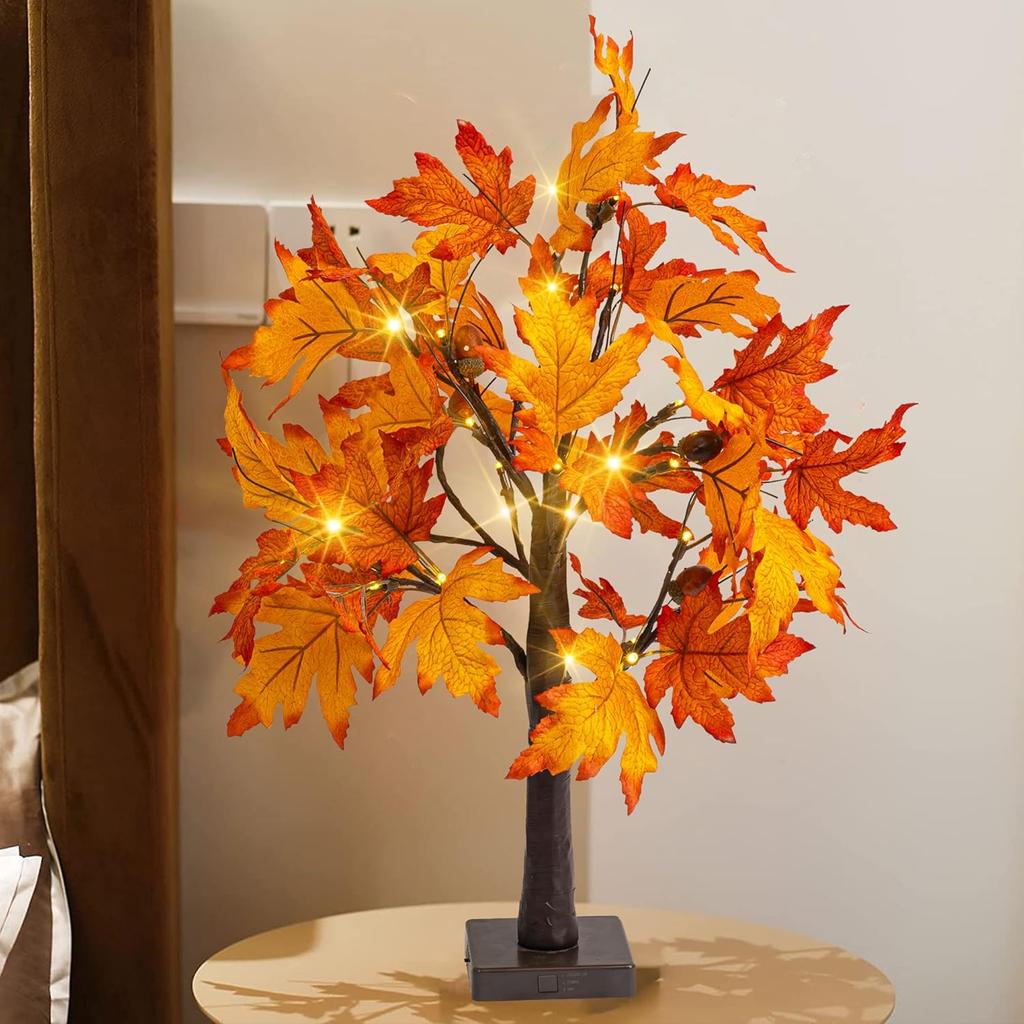 Dazzle Bright 2 Pack 24 Inch Lighted Thanksgiving Fall Maple Tree Decor, 24 LED Battery Operated Decorations Artificial Tree with Timer for Indoor